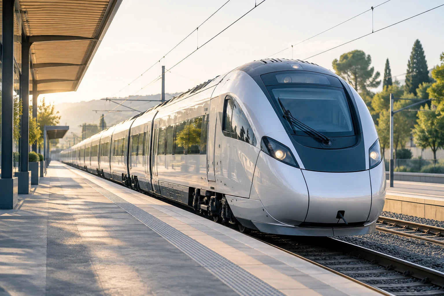 Un train de voyageurs à quai dans une gare lumineuse